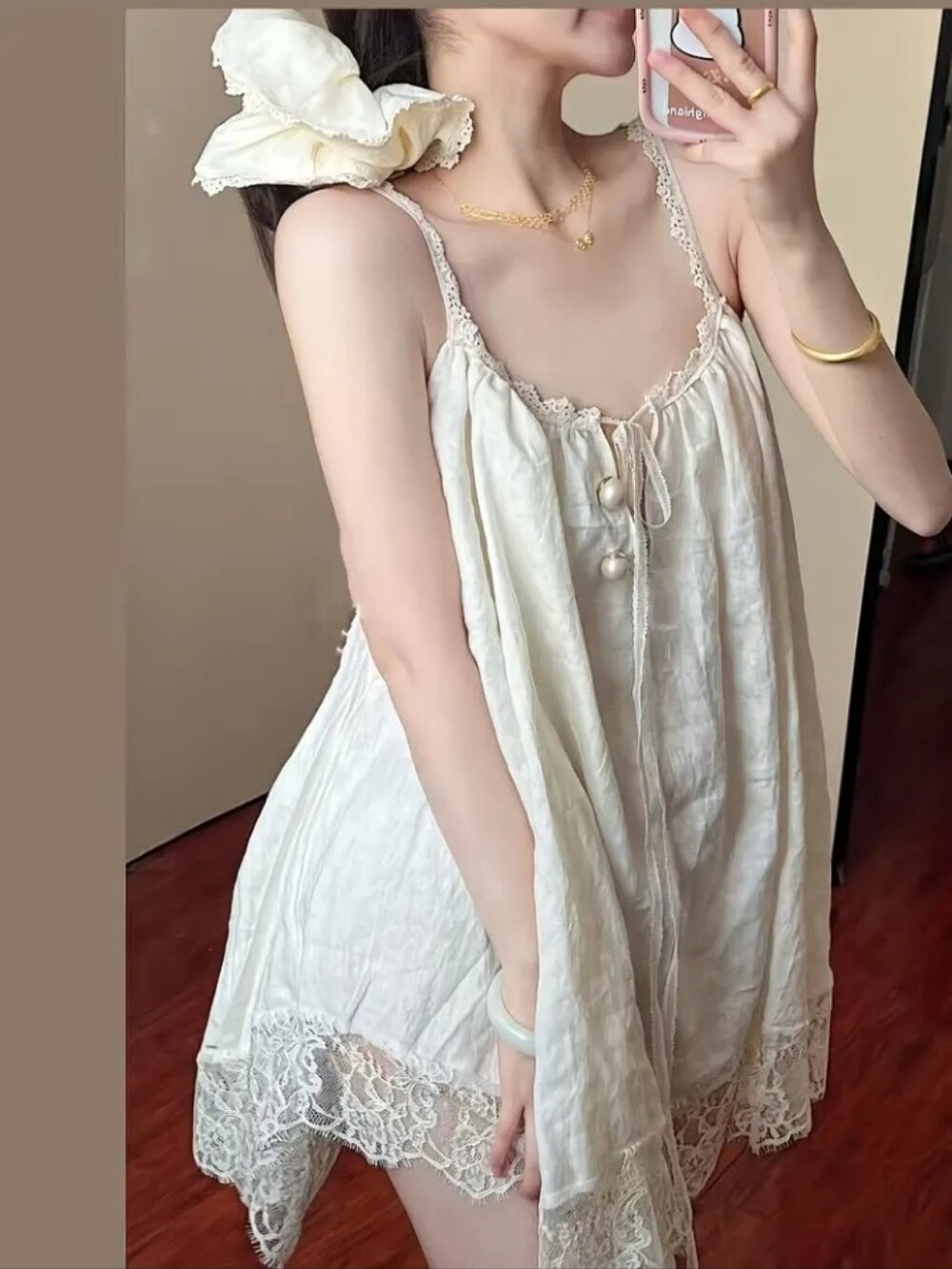 French Court Style Lace Trim Strapless Nightdress, Loose-Fitting Summer Dress - Picture 3 of 4
